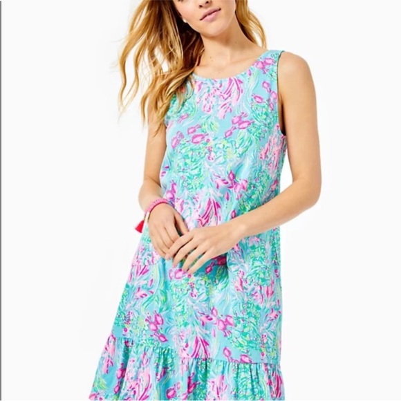 Lilly Pulitzer Kristen Flounce Swing Dress SZ S Amalfi Blue Best Fishes - Picture 1 of 15